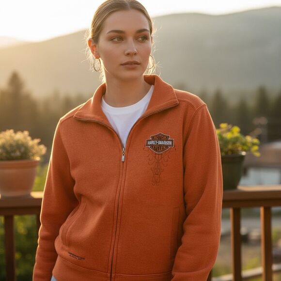 Harley Davidson Ladies Orange Full Zip Sweatshirt Medium - Picture 1 of 7